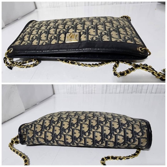 SOLDAuthentic Christian Dior Vintage Trotter Canvas Shoulder Bag Navy Blue/Beige - Picture 7 of 16